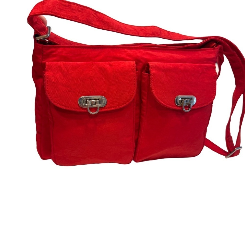 Travelon Crossboy Bag Red Silver Hardware Front Pockets Adjustable Strap